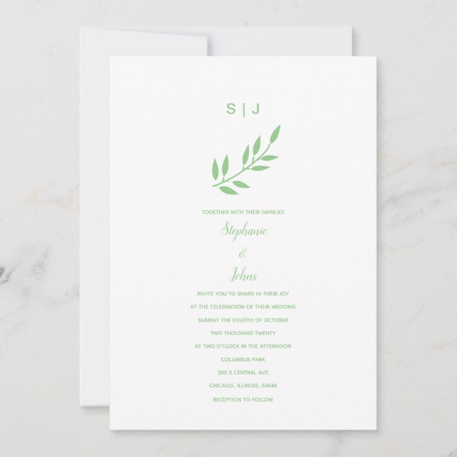 Sage Green Leaf Monogramme Name Custom Boho Weddin Einladung (Vorderseite)