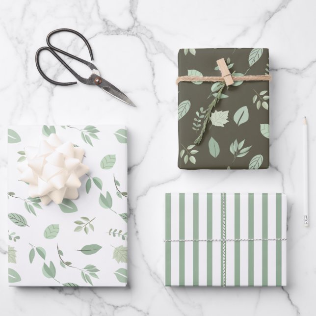 Sage Green Leaf Muster | Muster der Streifen Geschenkpapier Set (Vorderseite)
