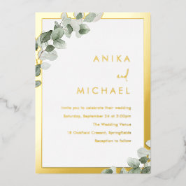 Sage Green Leaf Wedding Gold Border Folieneinladung