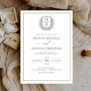 Sage Green Leafy Wappen Monogram Elegant Wedding Einladung