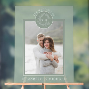 Sage Green Leafy Wappen Monogram Foto Hochzeit Acrylschild