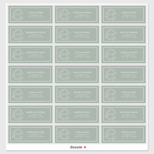 Sage Green Leafy Wappen Monogram Guest Address Aufkleber (Blatt)