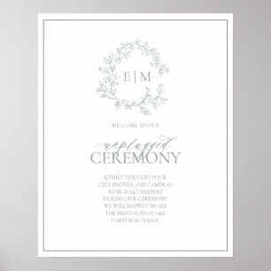 Sage Green Leafy Wappen Monogram Unplugding Weddin Poster