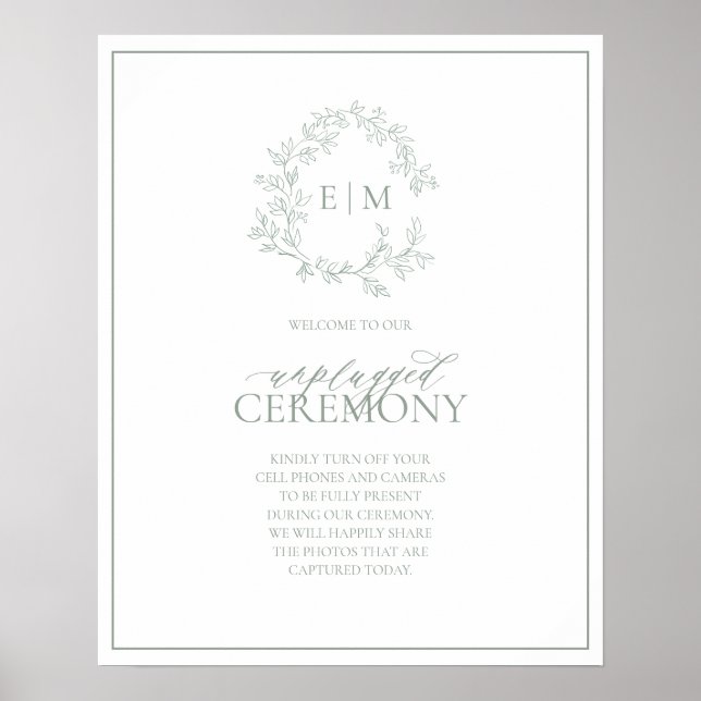 Sage Green Leafy Wappen Monogram Unplugding Weddin Poster (Vorne)