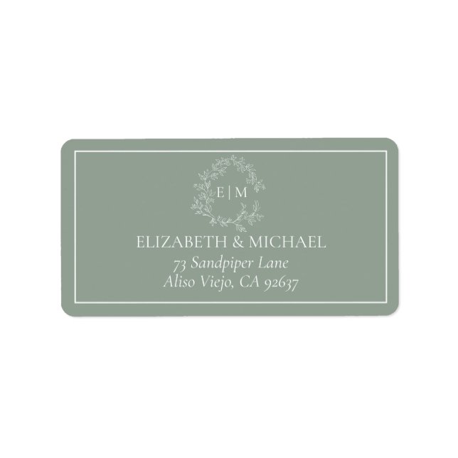 Sage Green Leafy Wappen Monogram Wedding Address L Adressaufkleber (Vorne)