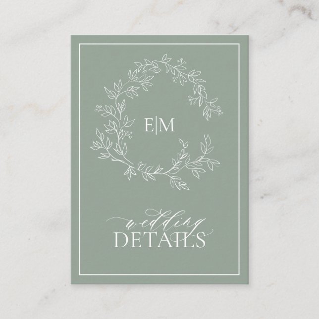 Sage Green Leafy Wappen Monogram Wedding Begleitkarte (Vorderseite)