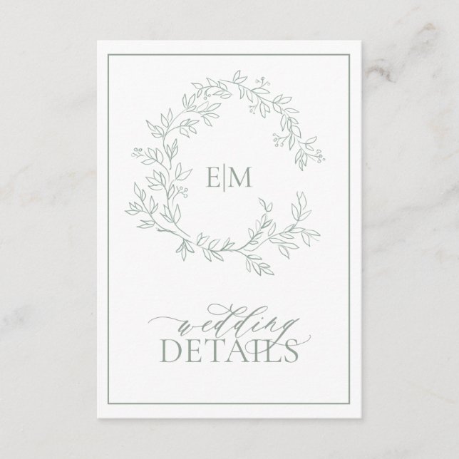 Sage Green Leafy Wappen Monogram Wedding Enclosure Begleitkarte (Vorderseite)