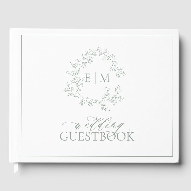 Sage Green Leafy Wappen Monogram Wedding Gästebuch (Vorderseite)