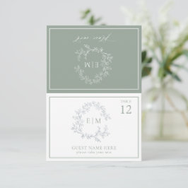 Sage Green Leafy Wappen Monogram Wedding Platzkart RSVP Karte