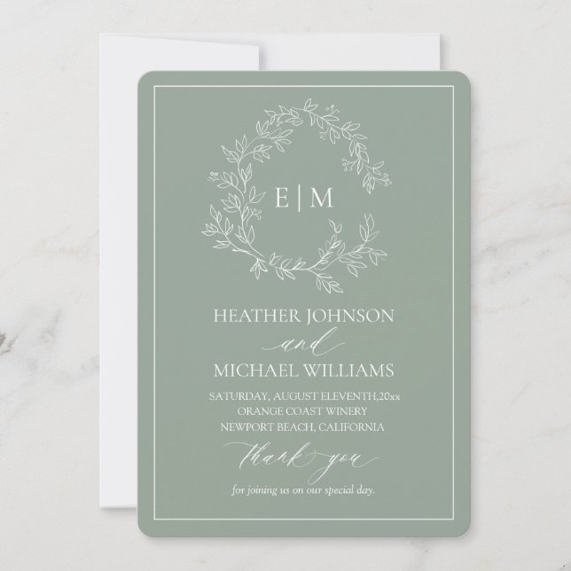 Sage Green Leafy Wappen Monogram Wedding Program Einladung (Vorderseite)