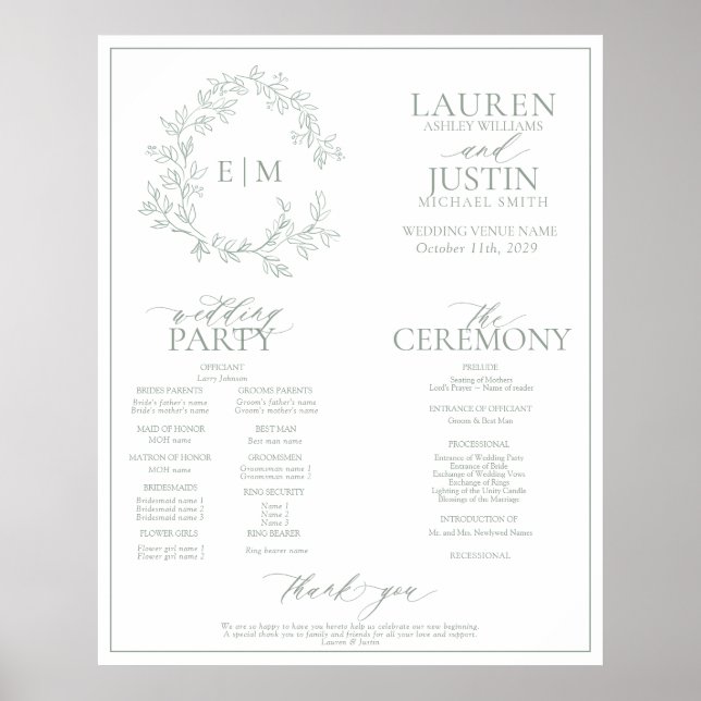 Sage Green Leafy Wappen Monogram Wedding Program Poster (Vorne)