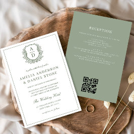 Sage Green Leafy Wappen Monogram Wedding QR Code Einladung