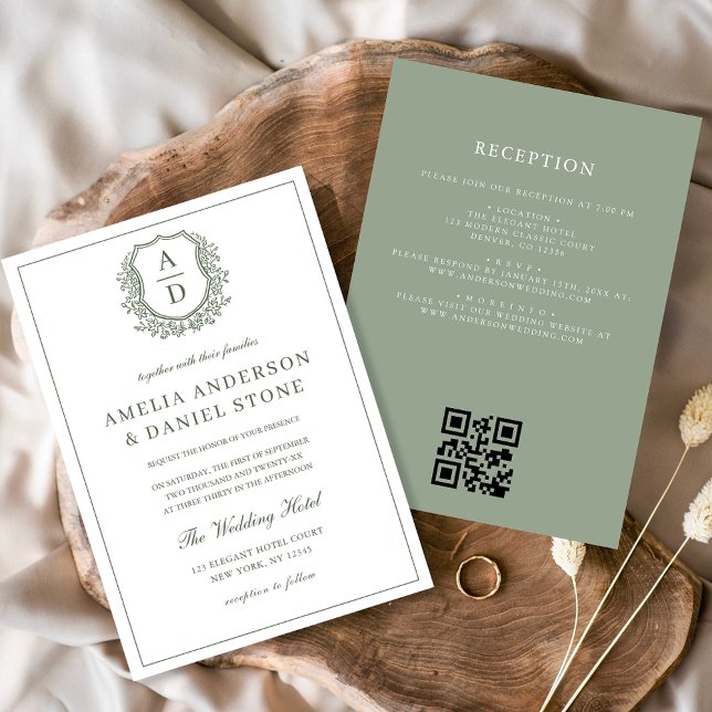 Sage Green Leafy Wappen Monogram Wedding QR Code Einladung (Von Creator hochgeladen)