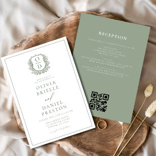 Sage Green Leafy Wappen Monogram Wedding QR Code Einladung