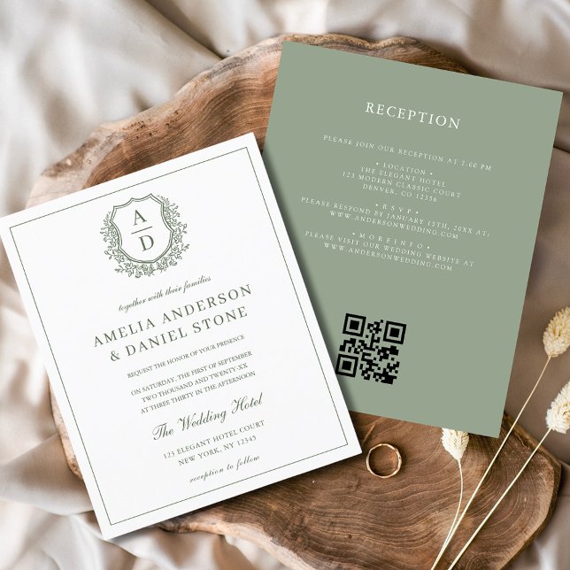 Sage Green Leafy Wappen Monogram Wedding QR Code Flyer (Von Creator hochgeladen)