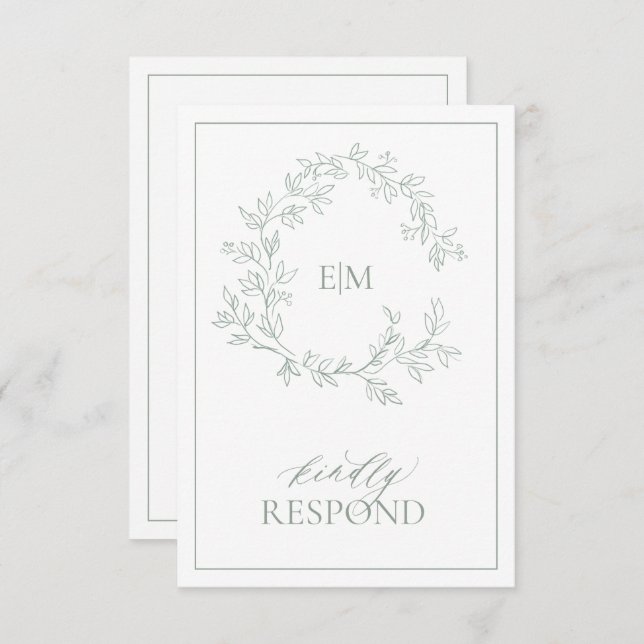 Sage Green Leafy Wappen Monogram Wedding RSVP Card (Vorne/Hinten)