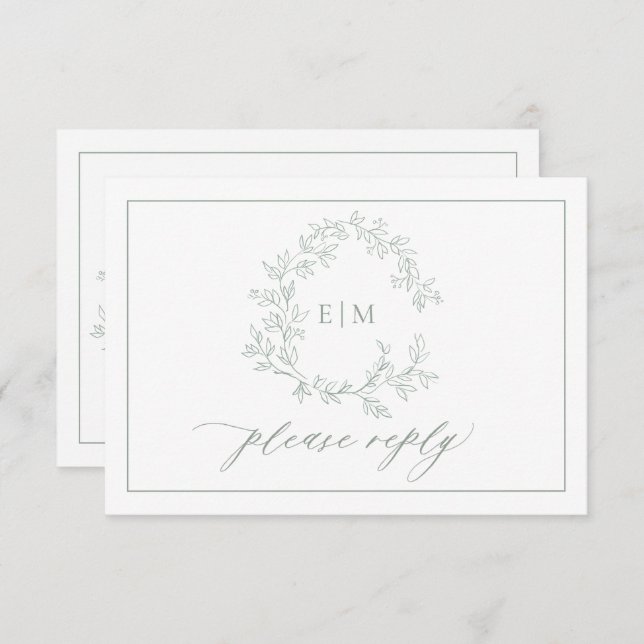 Sage Green Leafy Wappen Monogram Wedding RSVP Card (Vorne/Hinten)