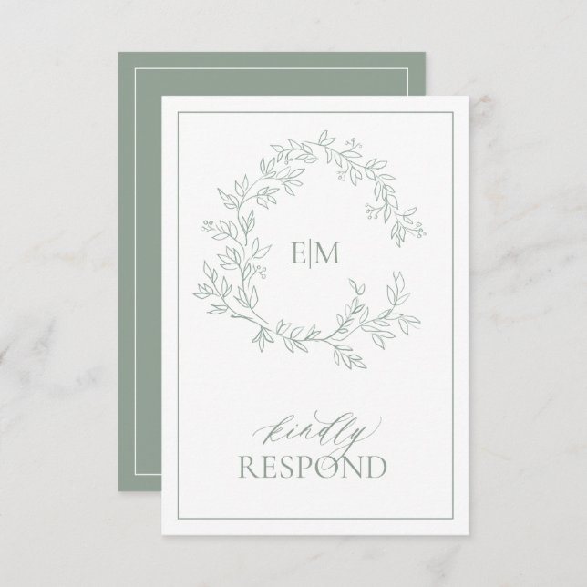 Sage Green Leafy Wappen Monogram Wedding RSVP Card (Vorne/Hinten)
