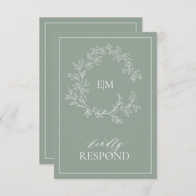 Sage Green Leafy Wappen Monogram Wedding RSVP Card (Vorne/Hinten)