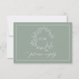 Sage Green Leafy Wappen Monogram Wedding RSVP Card