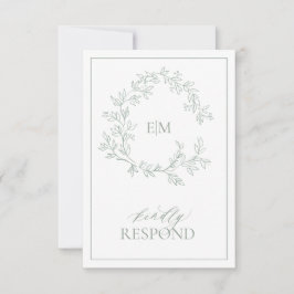 Sage Green Leafy Wappen Monogram Wedding RSVP Card Karte