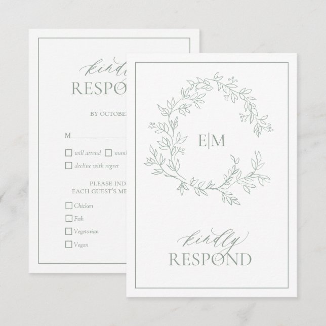 Sage Green Leafy Wappen Monogram Wedding RSVP Card Karte (Vorne/Hinten)