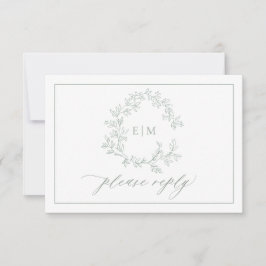 Sage Green Leafy Wappen Monogram Wedding RSVP Card Karte