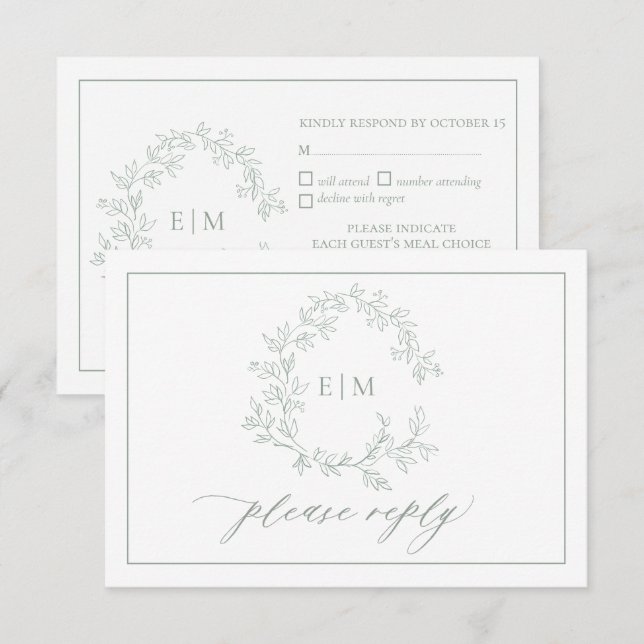 Sage Green Leafy Wappen Monogram Wedding RSVP Card Karte (Vorne/Hinten)