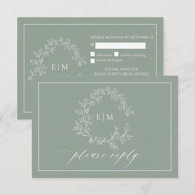 Sage Green Leafy Wappen Monogram Wedding RSVP Card Karte (Vorne/Hinten)