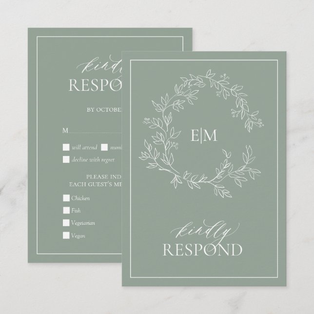 Sage Green Leafy Wappen Monogram Wedding RSVP Card Karte (Vorne/Hinten)