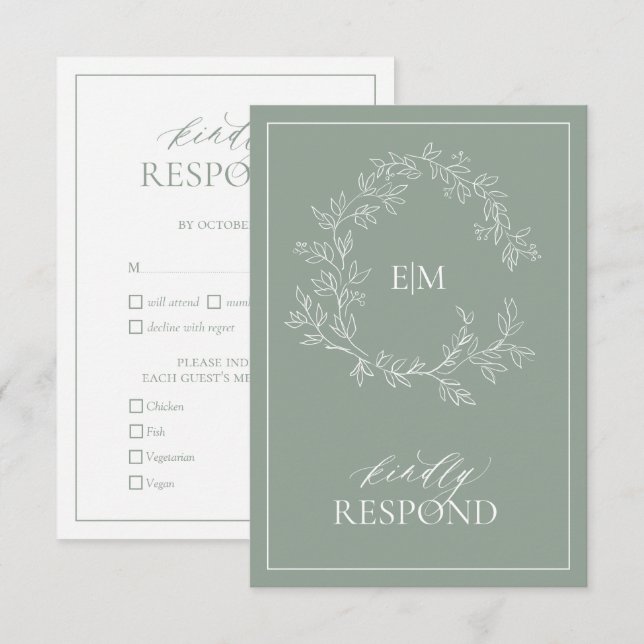 Sage Green Leafy Wappen Monogram Wedding RSVP Card Karte (Vorne/Hinten)