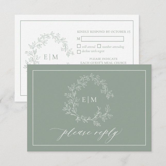 Sage Green Leafy Wappen Monogram Wedding RSVP Card Karte (Vorne/Hinten)