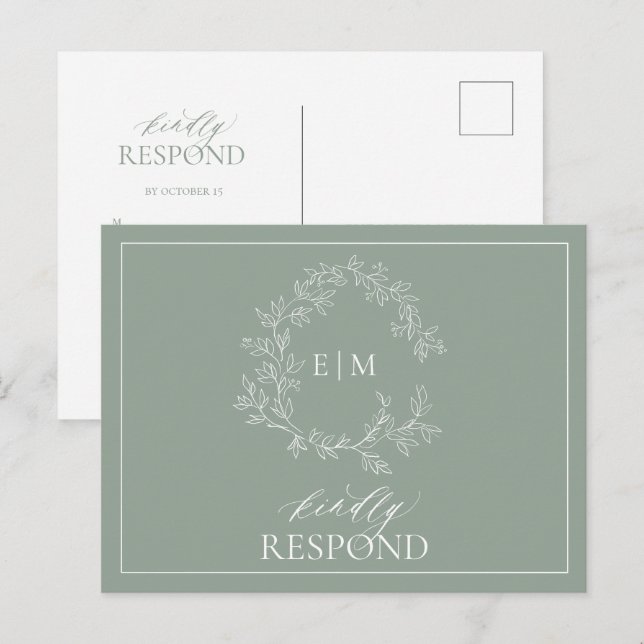 Sage Green Leafy Wappen Monogram Wedding RSVP Einladungspostkarte (Vorne/Hinten)