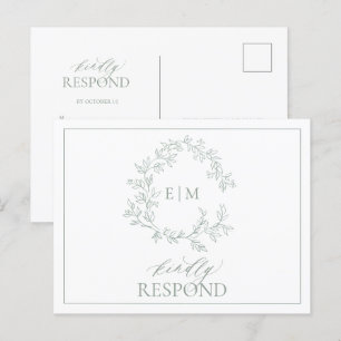 Sage Green Leafy Wappen Monogram Wedding RSVP Invi Einladungspostkarte