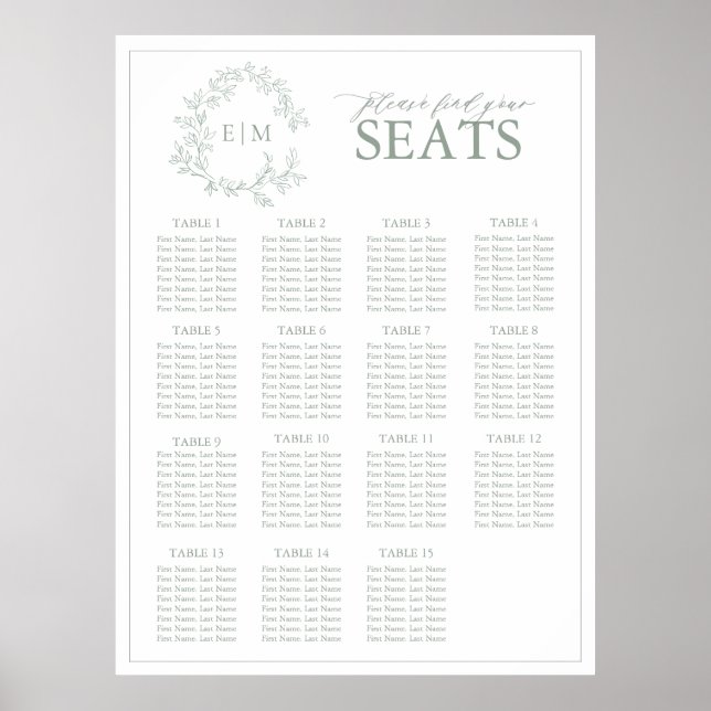 Sage Green Leafy Wappen Monogram Wedding Seating S Poster (Vorne)