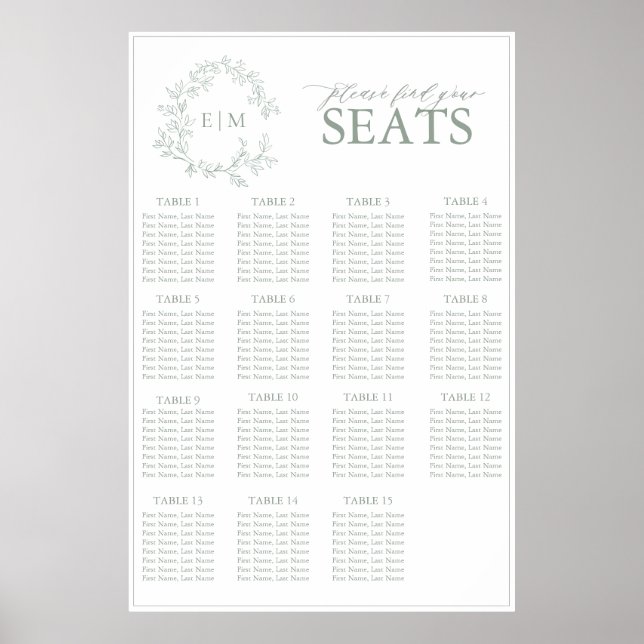 Sage Green Leafy Wappen Monogram Wedding Seating S Poster (Vorne)