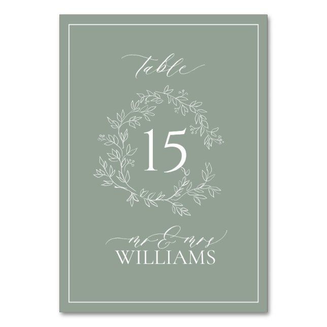 Sage Green Leafy Wappen Monogram Wedding Table Num Tischnummer (Vorderseite)