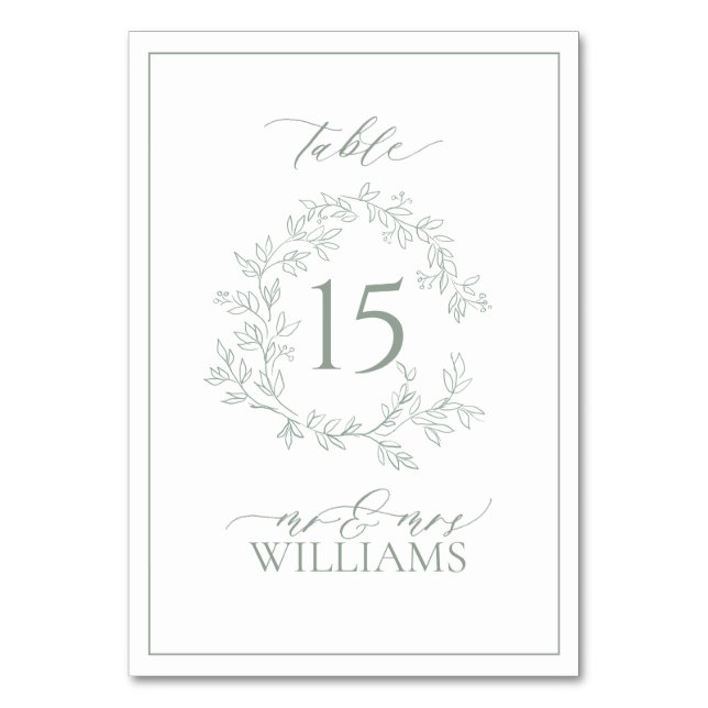 Sage Green Leafy Wappen Monogram Wedding Tischnummer (Vorderseite)