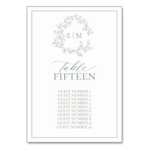 Sage Green Leafy Wappen Monogram Wedding Tischnummer