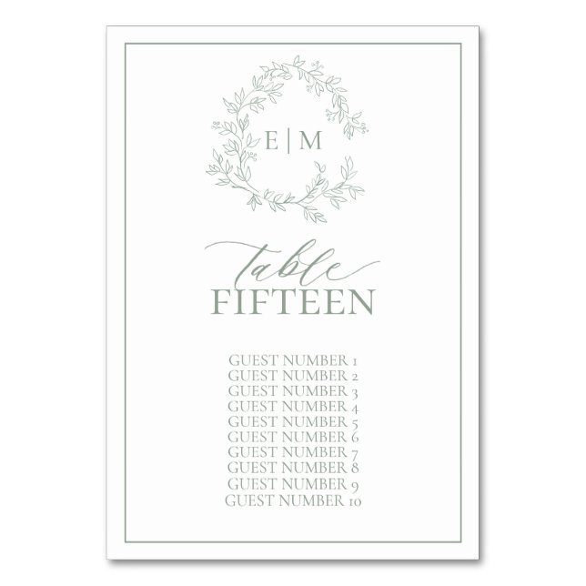 Sage Green Leafy Wappen Monogram Wedding Tischnummer (Vorderseite)