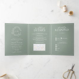 Sage Green Leafy Wappen Monogram Wedding Tri-Fold Dreifach Gefaltete Einladung