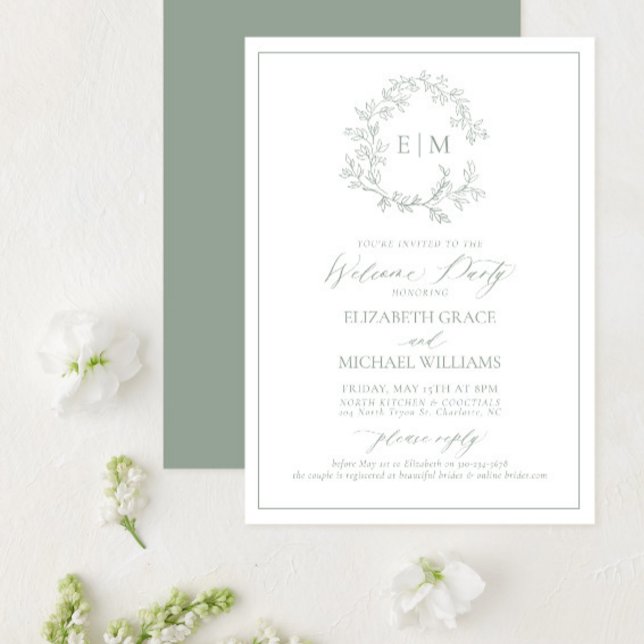 Sage Green Leafy Wappen Monogram Welcome Party Einladung (Von Creator hochgeladen)