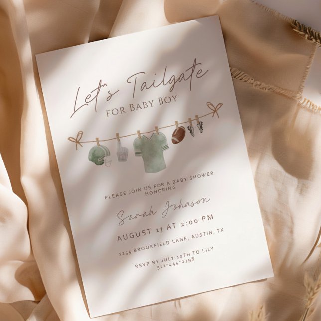 Sage green Let’s Tailgate Football Baby Shower Einladung (Von Creator hochgeladen)