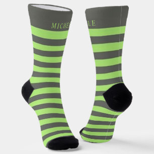Sage Green Light Gray Strip Individuelle Name Socken