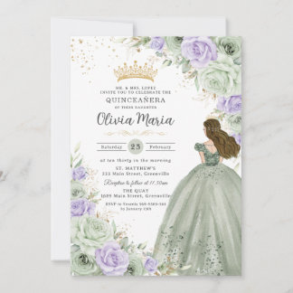Sage Green Lila Floral Princess Gown Quinceañera Einladung