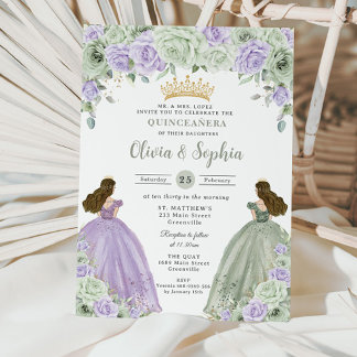 Sage Green Lila Floral Twin Girls Quinceañera Einladung
