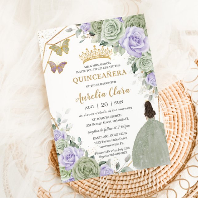 Sage Green Lila Lavendel Floral Gold Quinceañera Einladung (sage-green-lavender-purple-floral-girl-doll-gown-dress-invitation-cards-gold-quinceanera-sweet-16)