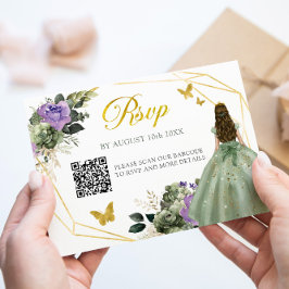 Sage Green Lila Princess Quinceañera QR RSVP Karte