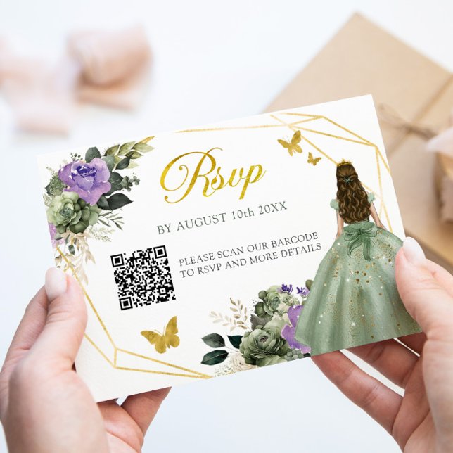 Sage Green Lila Princess Quinceañera QR RSVP Karte (Von Creator hochgeladen)