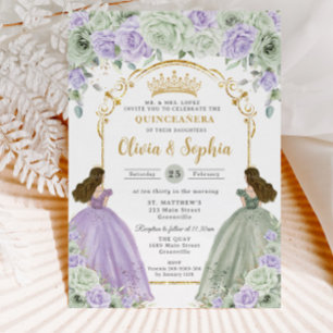 Sage Green Lilac Floral Twin Girls Quinceañera Einladung